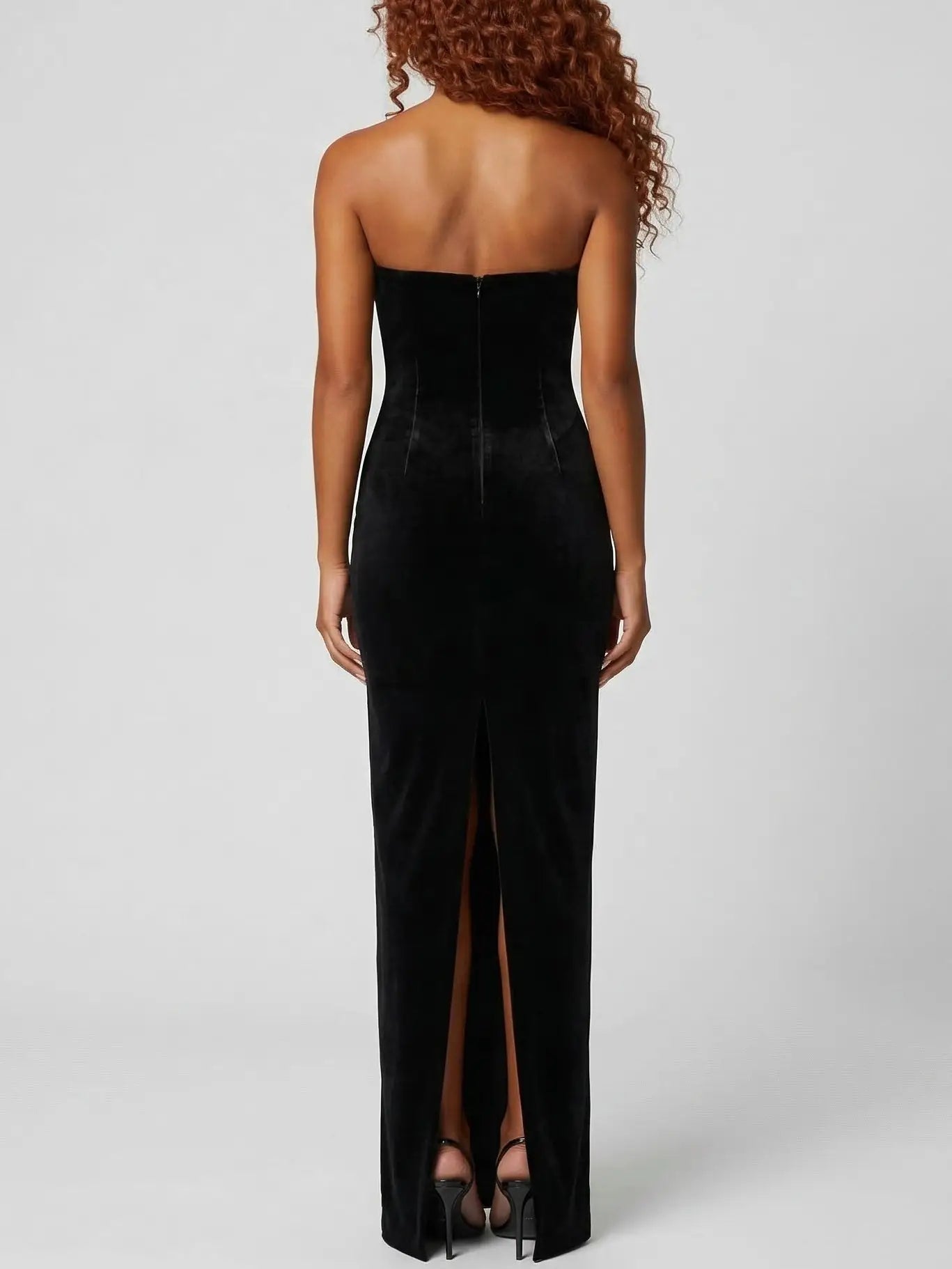Black Strapless Velvet Rhinestone Bust Gown - Dresses