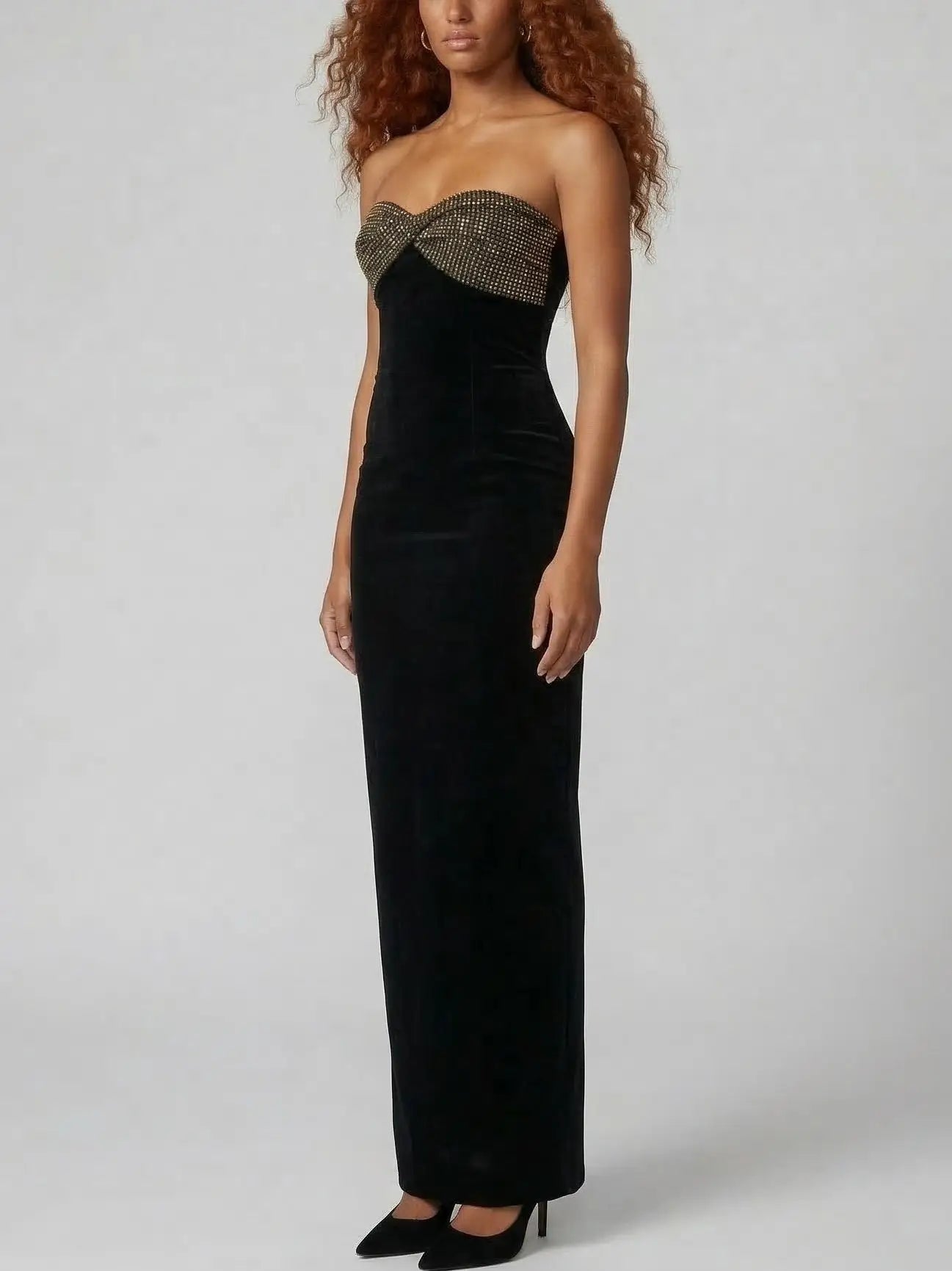 Black Strapless Velvet Rhinestone Bust Gown - Dresses