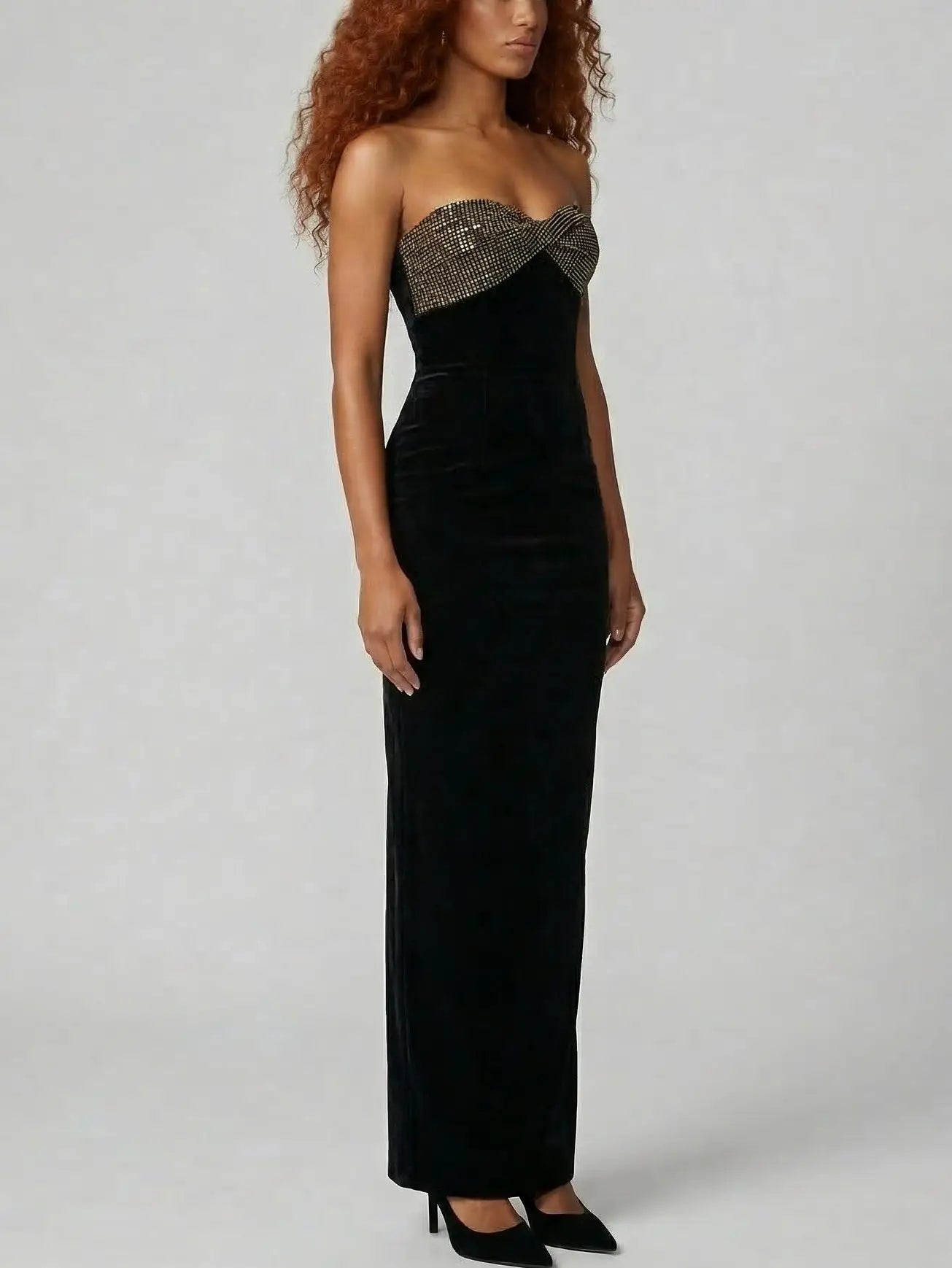 Black Strapless Velvet Rhinestone Bust Gown - Dresses