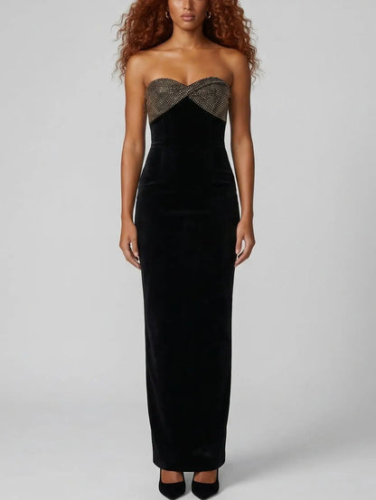 Black Strapless Velvet Rhinestone Bust Gown - Dresses