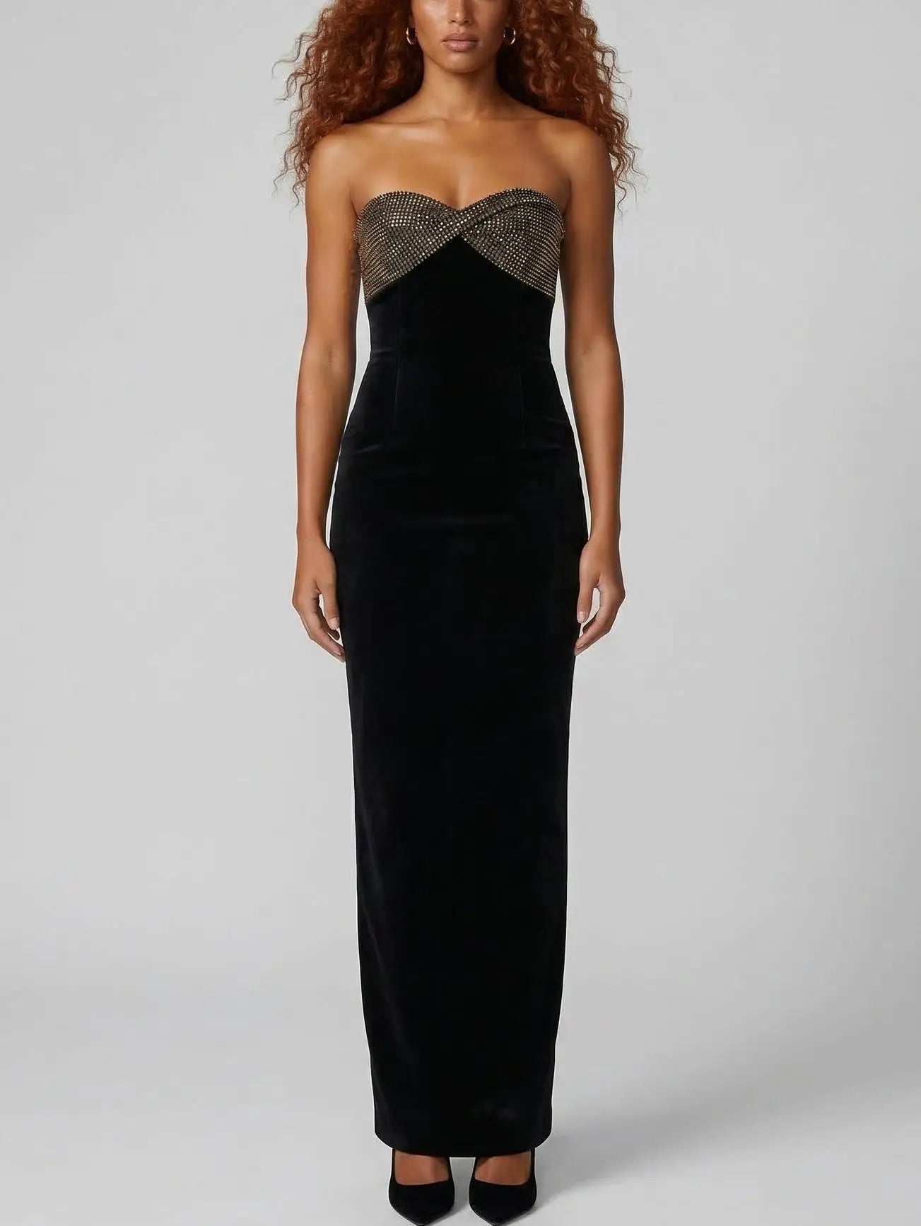 Black Strapless Velvet Rhinestone Bust Gown - Dresses