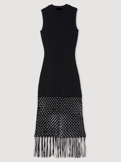 Black Stretch Knit Crochet Tassel Dress - Dresses