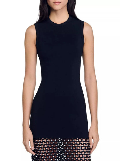 Black Stretch Knit Crochet Tassel Dress - Dresses