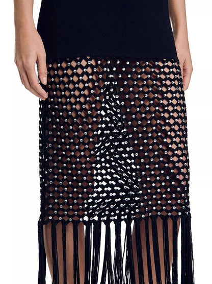 Black Stretch Knit Crochet Tassel Dress - Dresses