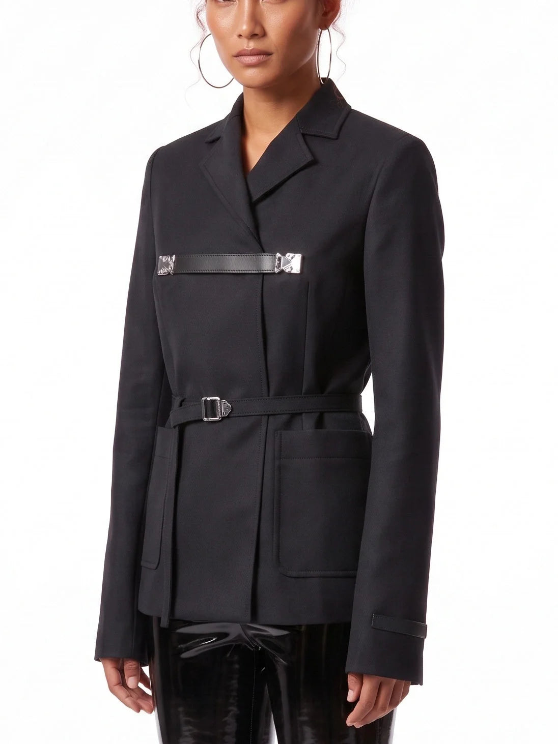 Black Tailored Blazer with Belt and Chest Strap - Jackets