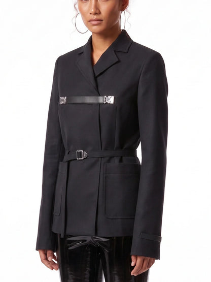 Black Tailored Blazer with Belt and Chest Strap - Jackets