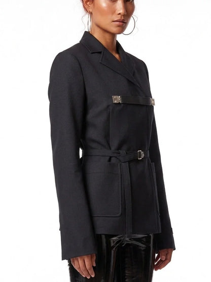 Black Tailored Blazer with Belt and Chest Strap - Jackets