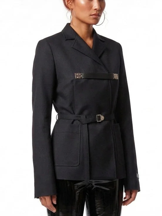 Black Tailored Blazer with Belt and Chest Strap - Jackets