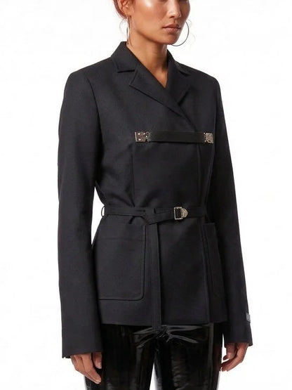 Black Tailored Blazer with Belt and Chest Strap - Jackets