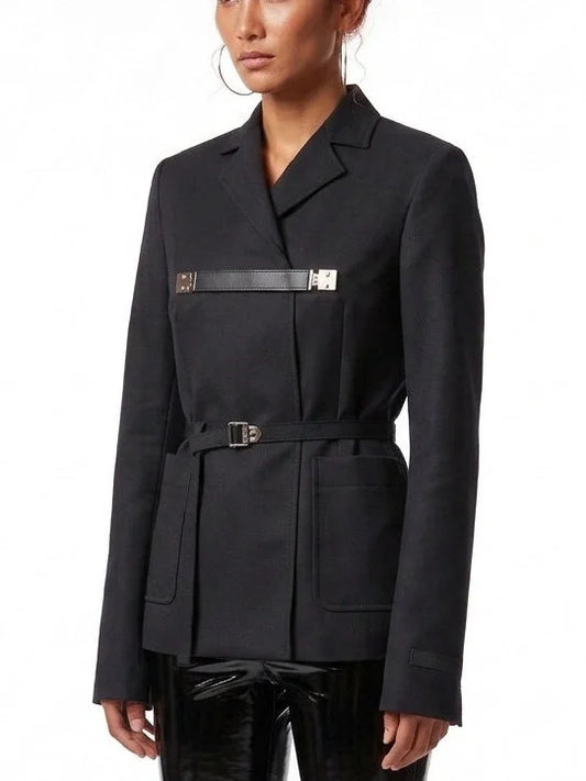 Black Tailored Blazer with Belt and Chest Strap - Jackets