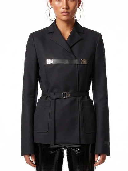 Black Tailored Blazer with Belt and Chest Strap - Jackets