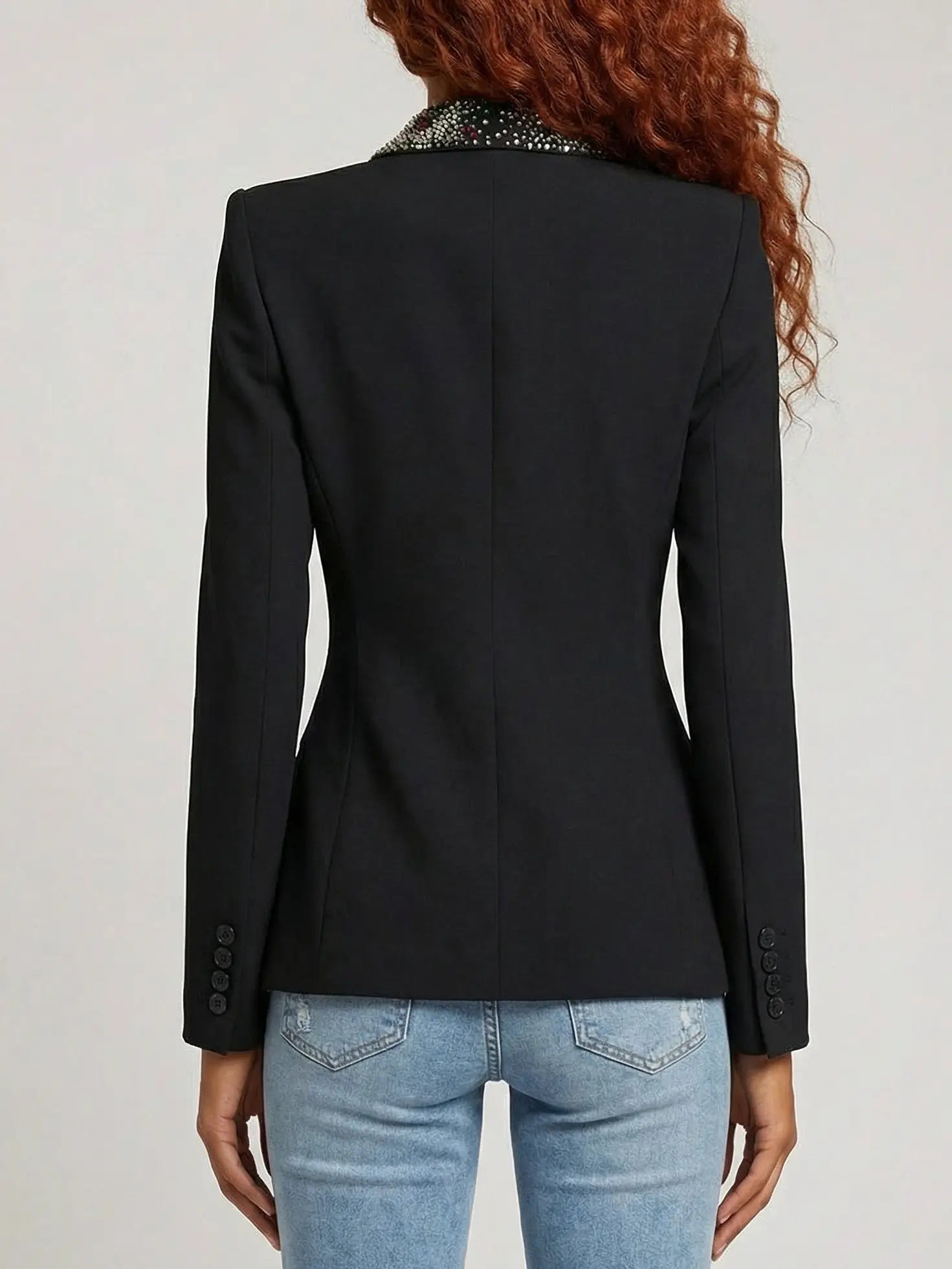 Black Tailored Blazer with Crystal-Embellished Lapels - Jackets