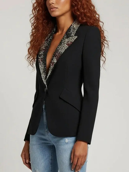 Black Tailored Blazer with Crystal-Embellished Lapels - Jackets