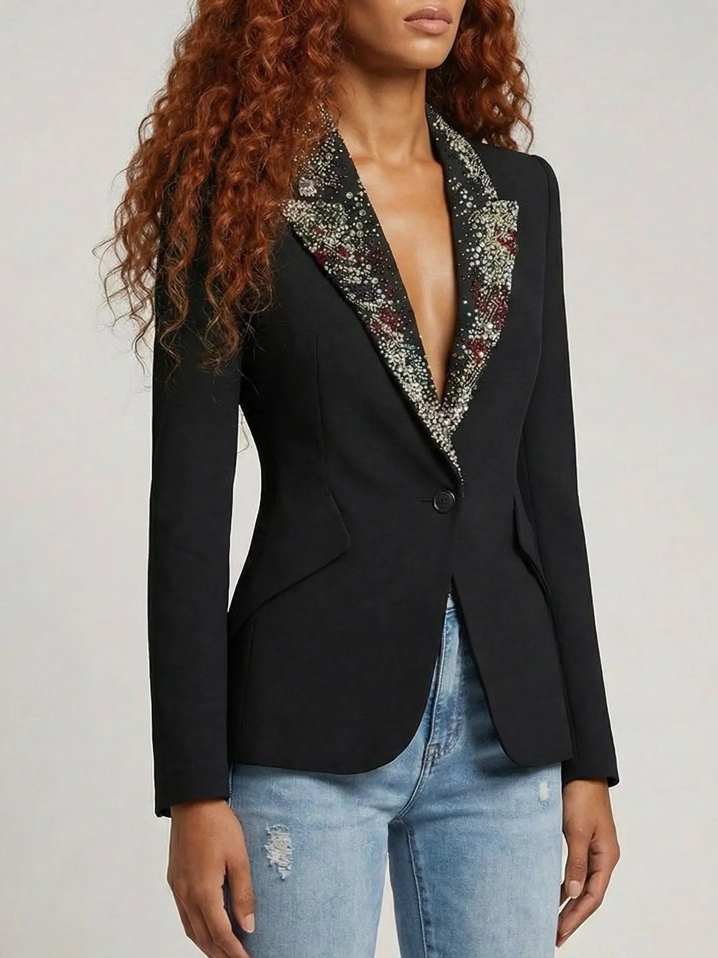Black Tailored Blazer with Crystal-Embellished Lapels - Jackets