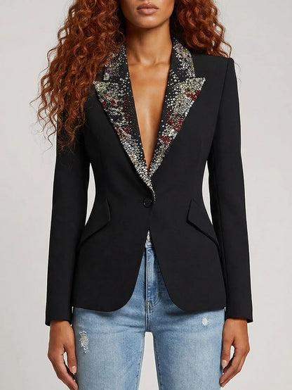 Black Tailored Blazer with Crystal-Embellished Lapels - Jackets