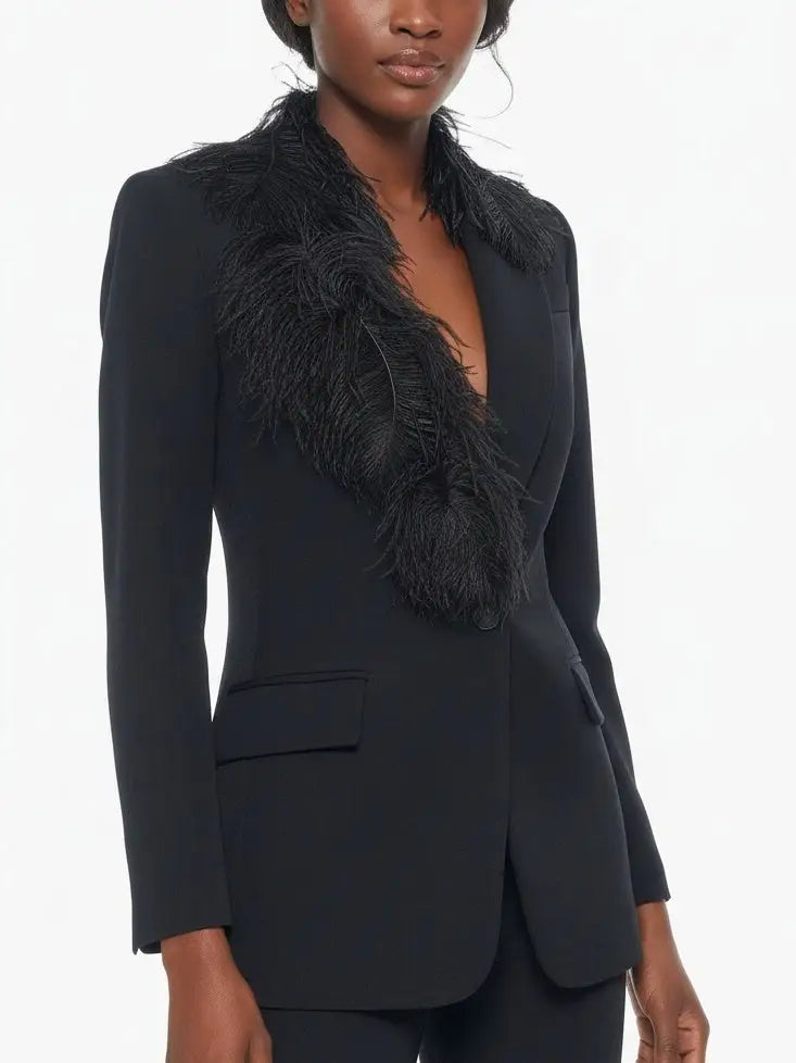 Black Tailored Blazer with Feather-Trim Lapel - Jackets