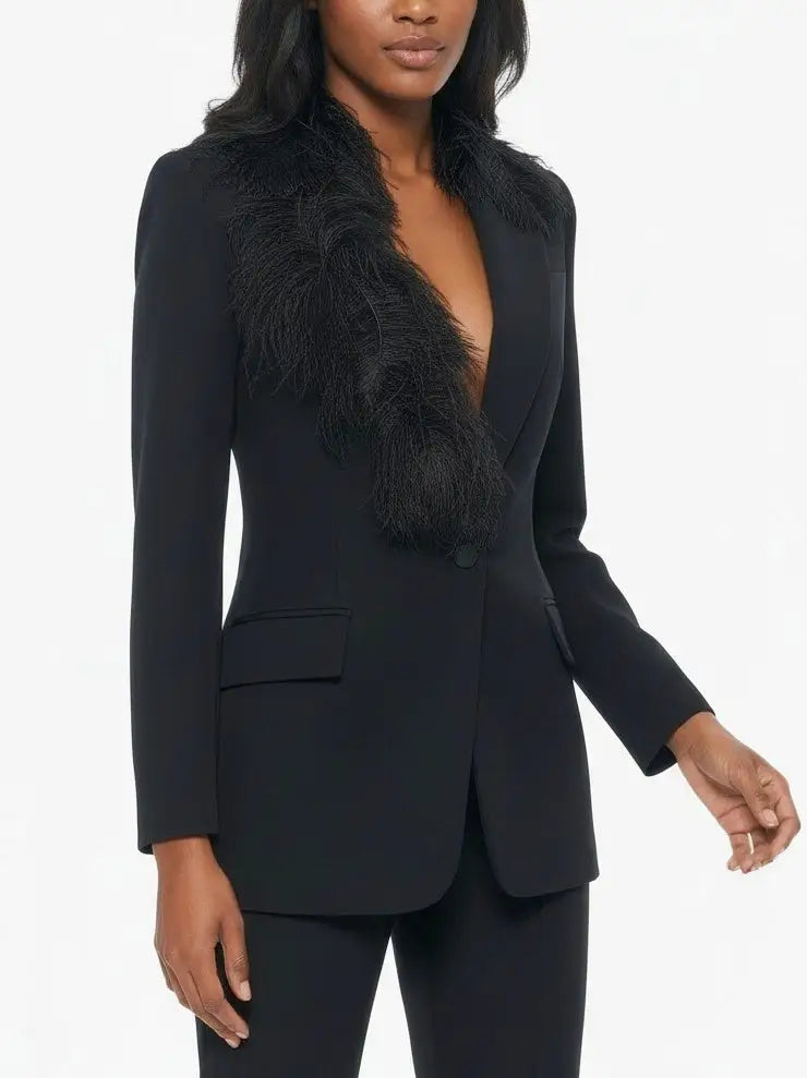 Black Tailored Blazer with Feather-Trim Lapel - Jackets