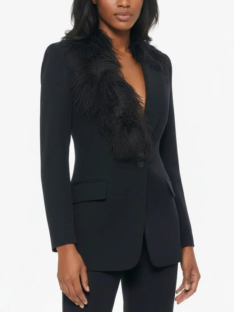 Black Tailored Blazer with Feather-Trim Lapel - Jackets