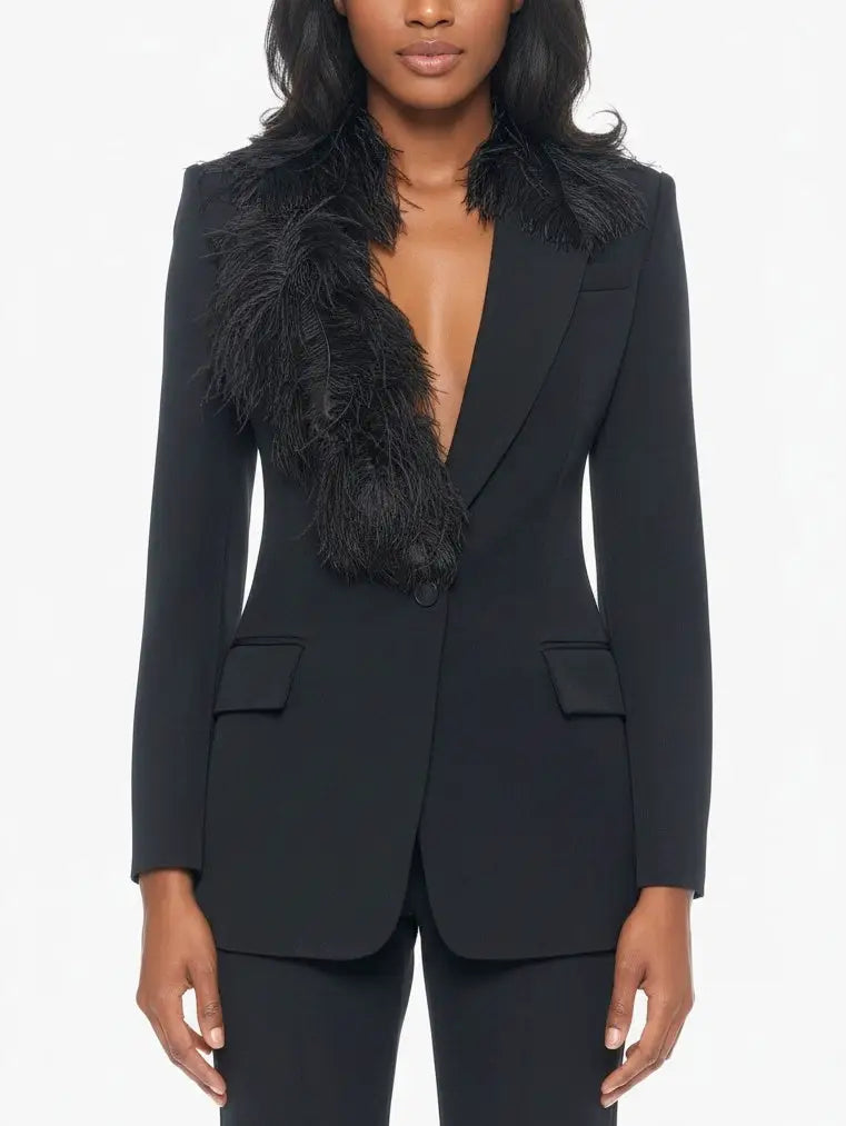 Black Tailored Blazer with Feather-Trim Lapel - Jackets