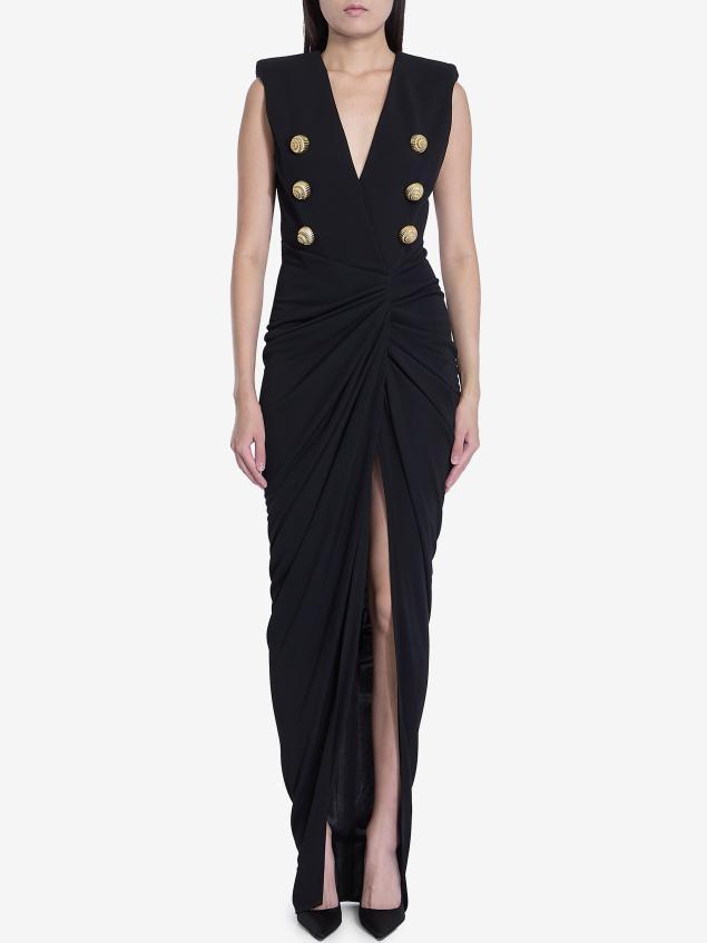 Black Tailored Ruched Long Dress Branna Couture