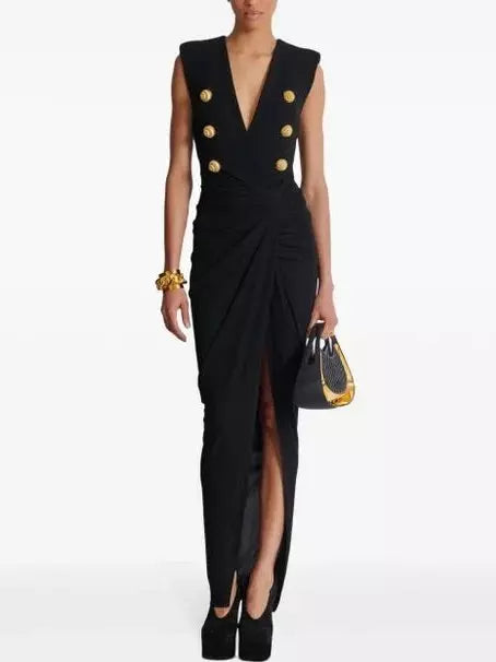 Black Tailored Ruched Long Dress Branna Couture