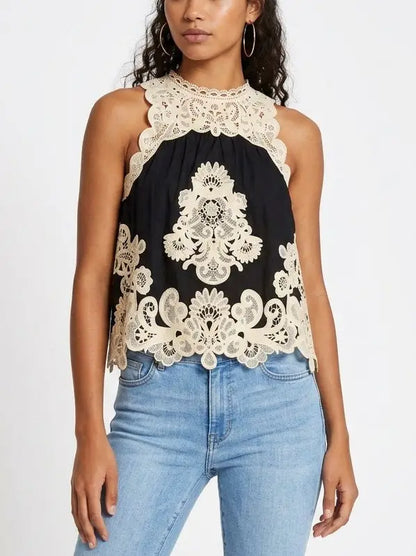 Black Tank with Contrasting Lace Embroidery - Tops