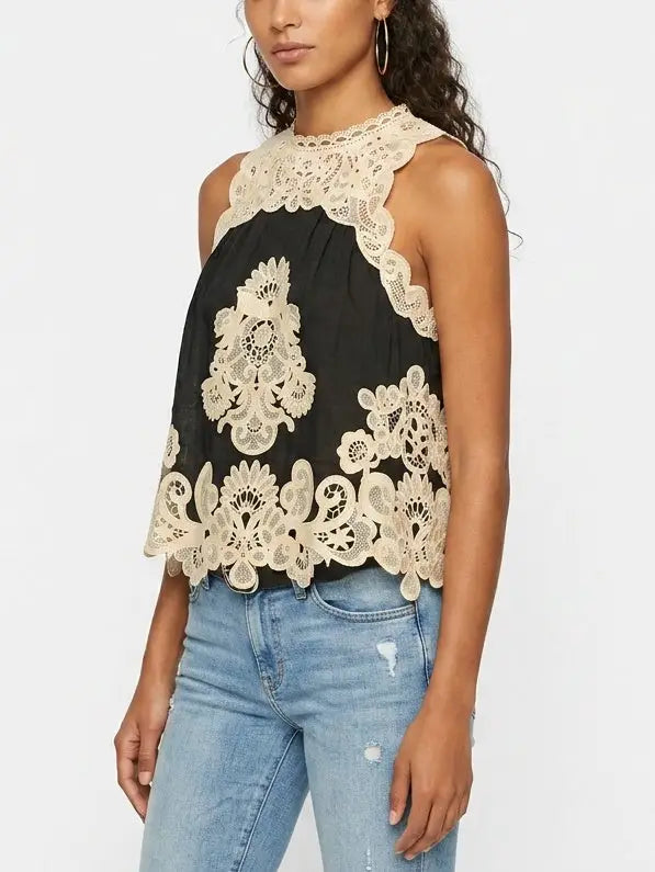 Black Tank with Contrasting Lace Embroidery - Tops