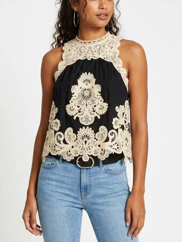 Black Tank with Contrasting Lace Embroidery - Tops