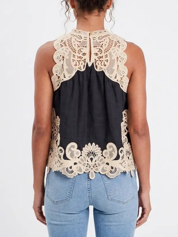 Black Tank with Contrasting Lace Embroidery - Tops