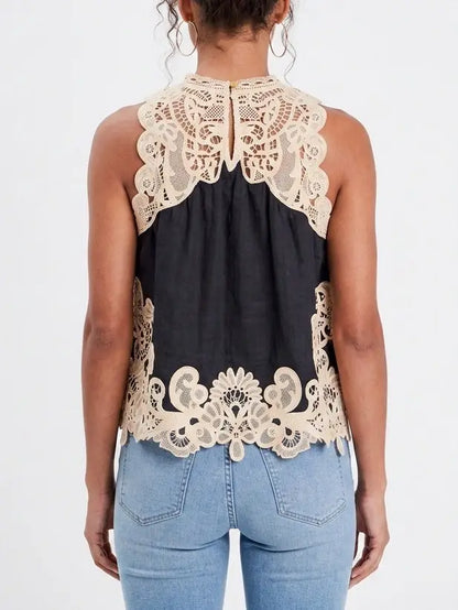 Black Tank with Contrasting Lace Embroidery - Tops