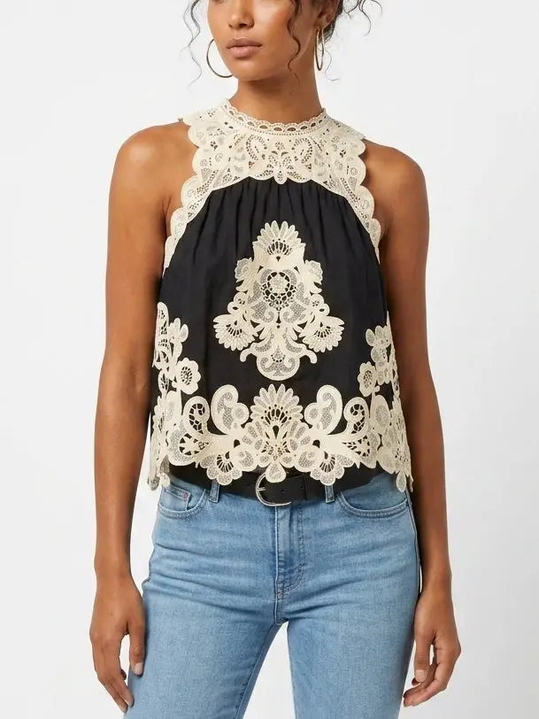 Black Tank with Contrasting Lace Embroidery - Tops