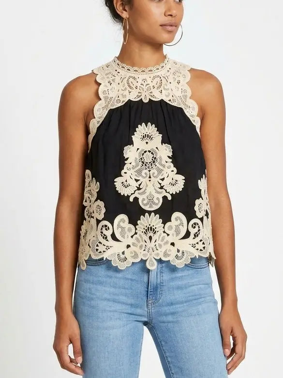 Black Tank with Contrasting Lace Embroidery - Tops