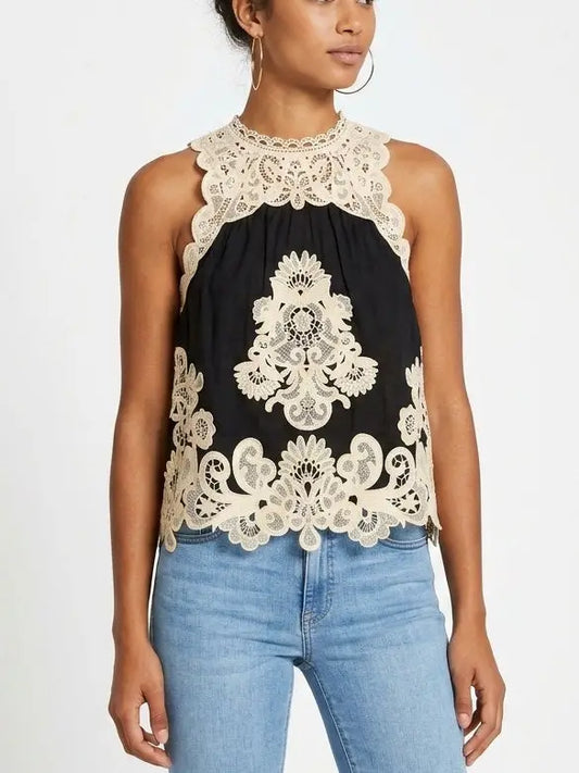 Black Tank with Contrasting Lace Embroidery - Tops