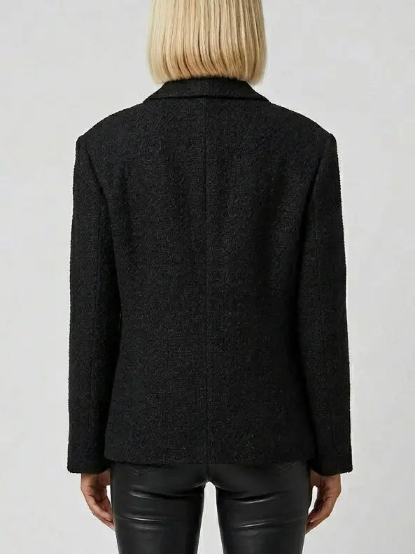 Black Textured Blazer Jacket with Pleated Trim - Jackets