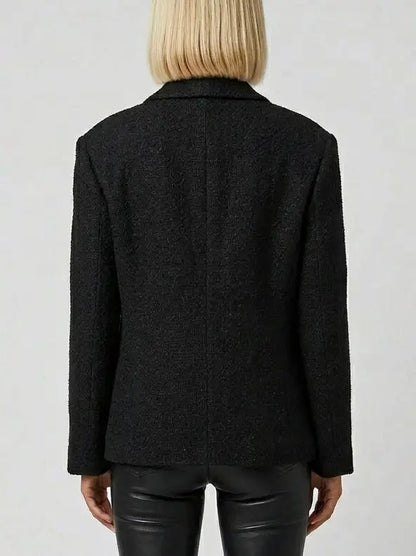 Black Textured Blazer Jacket with Pleated Trim - Jackets
