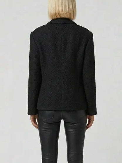 Black Textured Blazer Jacket with Pleated Trim - Jackets