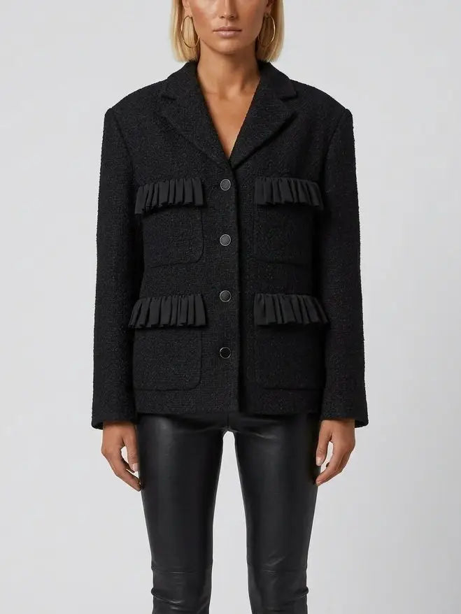 Black Textured Blazer Jacket with Pleated Trim - Jackets