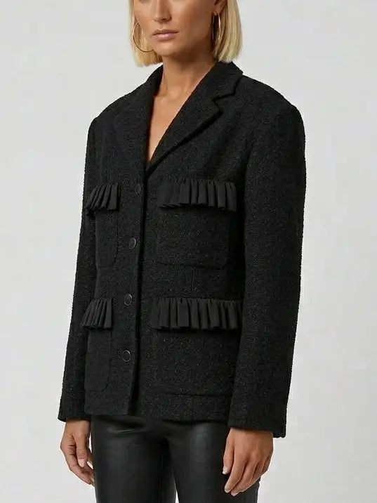 Black Textured Blazer Jacket with Pleated Trim - Jackets