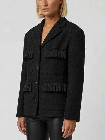 Black Textured Blazer Jacket with Pleated Trim - Jackets