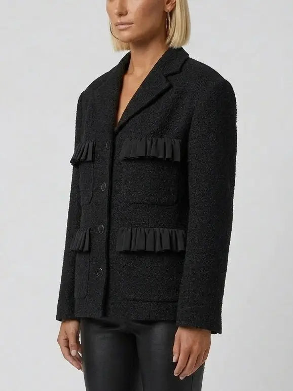 Black Textured Blazer Jacket with Pleated Trim - Jackets