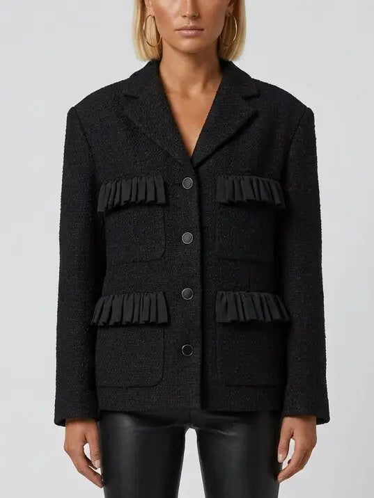 Black Textured Blazer Jacket with Pleated Trim - Small - Jackets