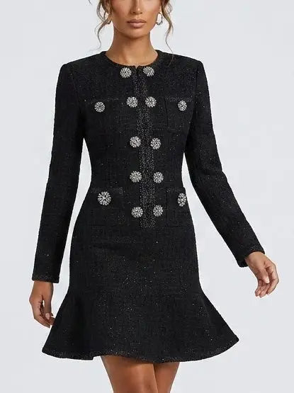 Black Textured Knit Mini Dress with Crystal Buttons - Dresses
