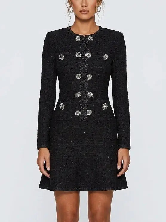 Black Textured Knit Mini Dress with Crystal Buttons - Dresses