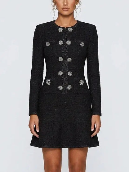 Black Textured Knit Mini Dress with Crystal Buttons - Dresses