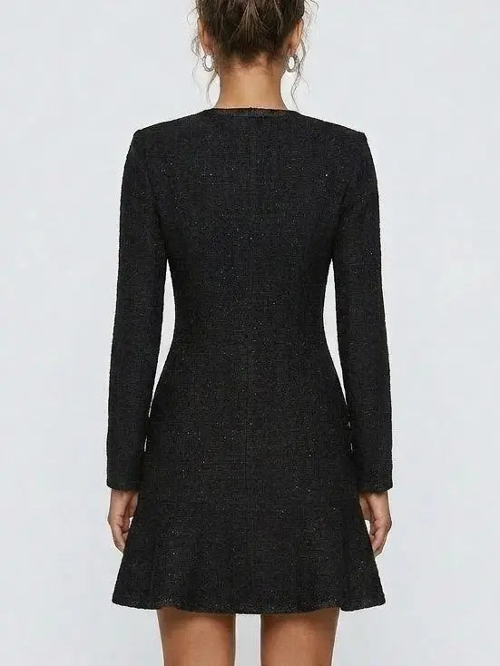 Black Textured Knit Mini Dress with Crystal Buttons - Dresses