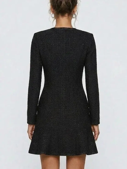 Black Textured Knit Mini Dress with Crystal Buttons - Dresses