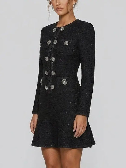 Black Textured Knit Mini Dress with Crystal Buttons - Dresses