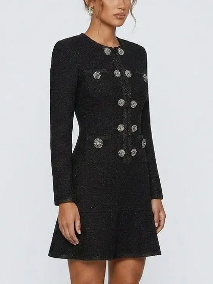 Black Textured Knit Mini Dress with Crystal Buttons - Dresses