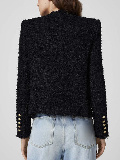 Black Textured Tweed Double-Breasted Jacket - Jackets