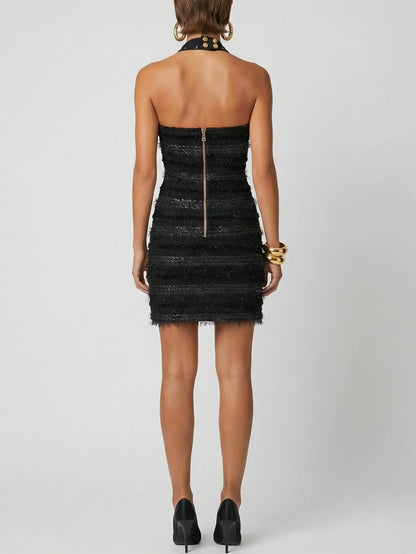 Black Textured Tweed Mini Dress - Dresses